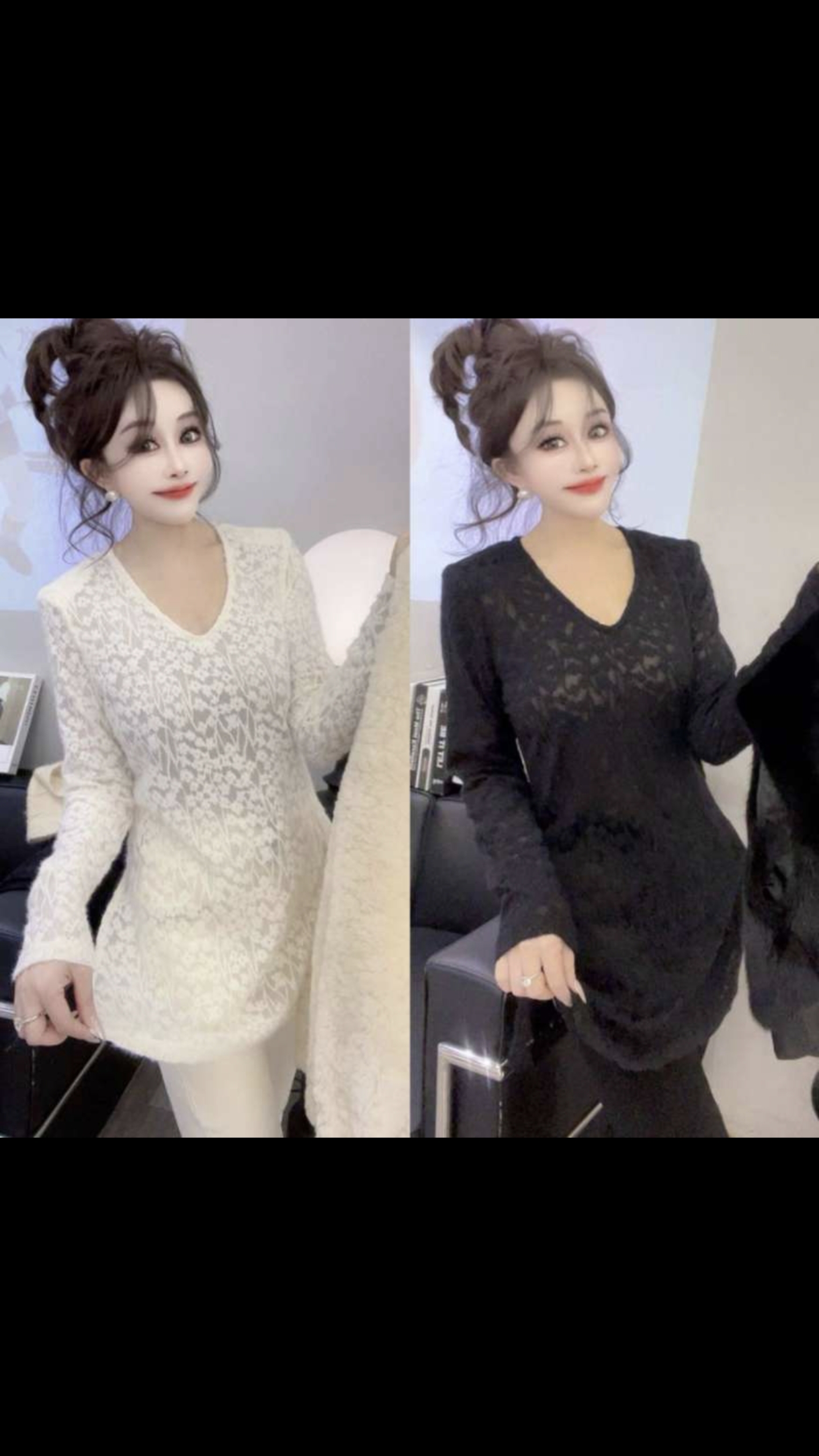 秋冬新款V领性感蕾丝衫女修身长袖打底衫洋气镂空内搭中长款上衣