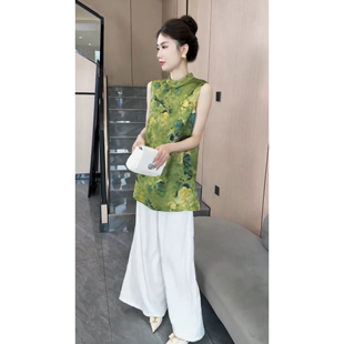新中式国风缎面衬衫女2026夏季新款网红印花开叉马甲盘扣褂子上衣