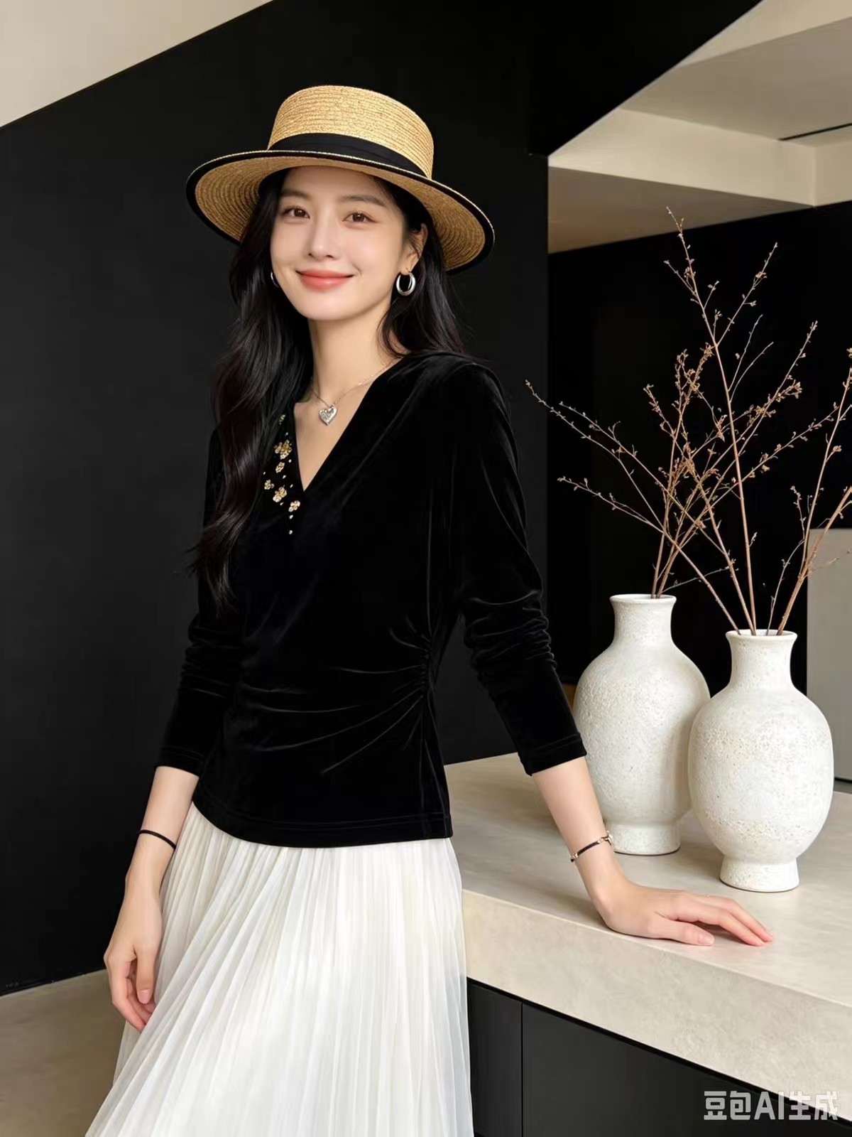 法式珠花设计V领丝绒长袖T恤女秋冬新款个性高弹舒适打底衫内搭潮
