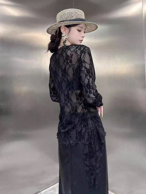 轻熟风时尚植绒提花网纱上衣2025秋新款侧边绑带设计收腰打底衫女