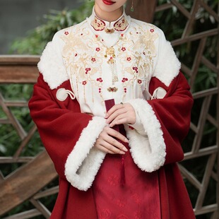 秋雨集马面裙重工刺绣上衣明制长袄毛呢外套披袄红色汉服敬酒服
