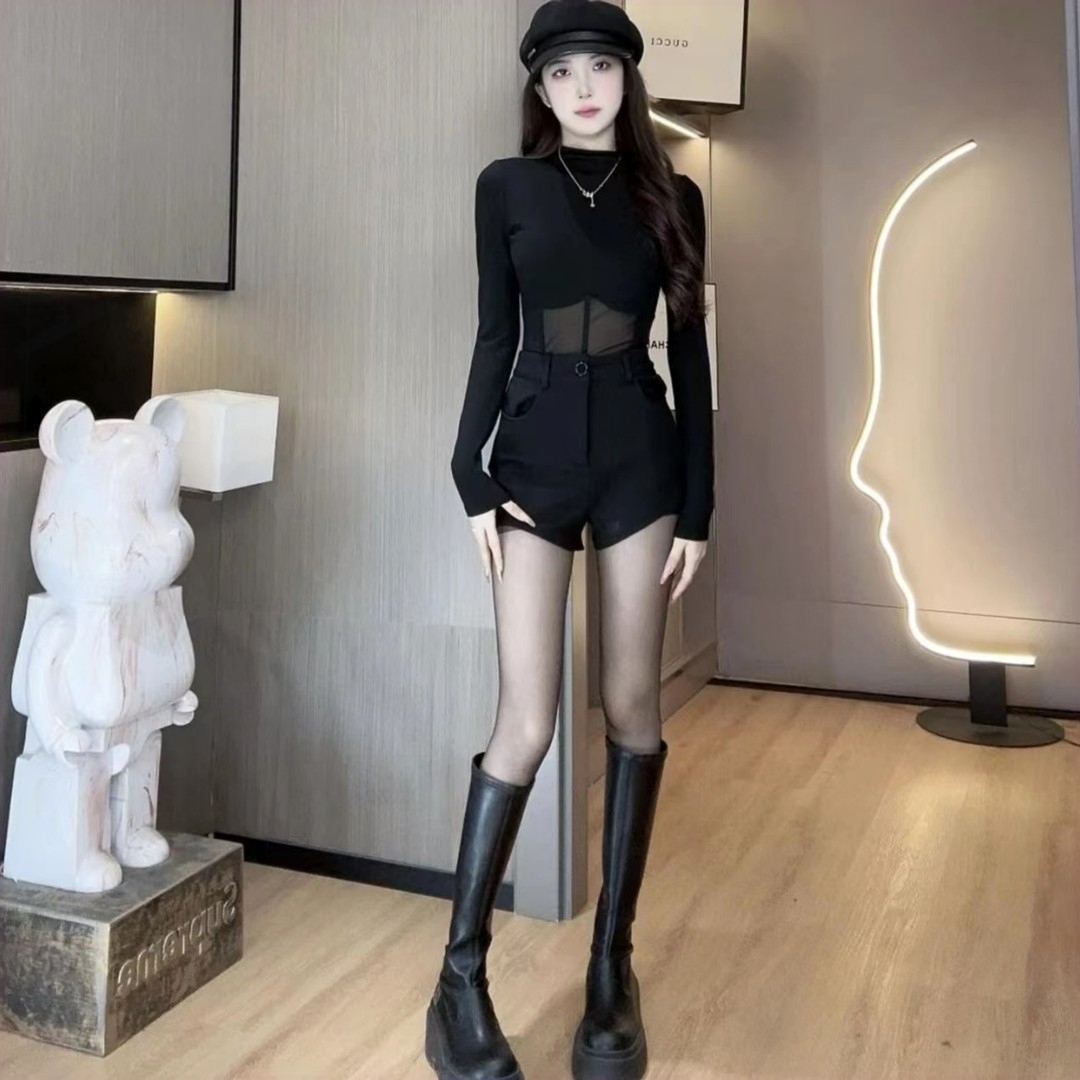 设计感紧身百搭网纱上衣半高领长