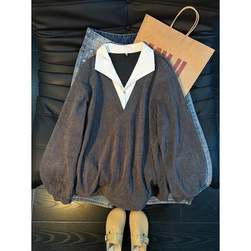 学院风假两件麦穗纹卫衣男女高级感翻领设计叠穿针织polo衫上衣