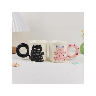 情侣杯子高级感一对马克杯ins可爱手绘猫咪家用儿童萌趣牛奶杯早