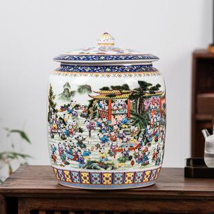 景德镇粉彩茶叶存储缸陶瓷器普洱存茶饼缸家用密封罐大号百子图