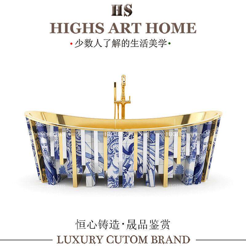 葡萄牙轻奢艺术手绘陶瓷金属浴缸别墅卫浴设计感级独立式泡澡缸