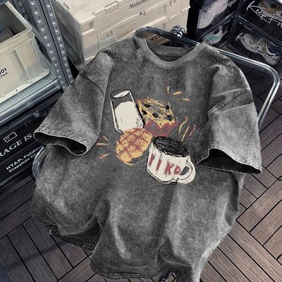 NASA美式高街T恤纯棉水洗做旧印花圆领短袖男夏季复古宽松潮流