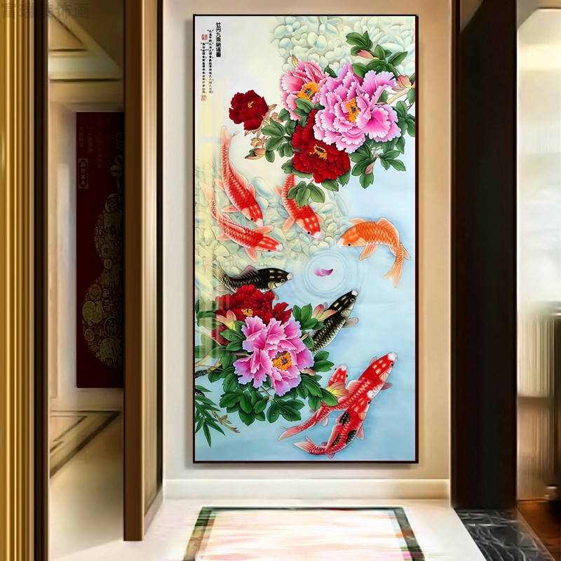 九鱼图鲤鱼跃龙门中式晶瓷画晶瓷镶钻画家庭客厅别墅带框玄关挂画图片
