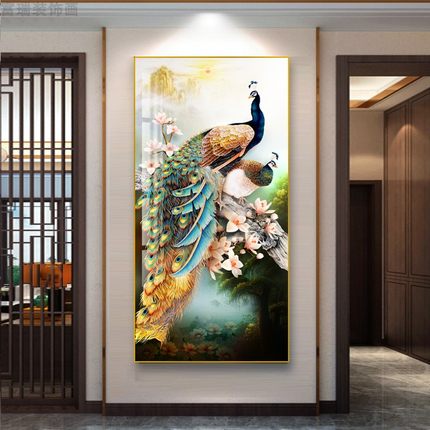 孔雀富贵新中式家庭烤瓷玻璃带框成品玄关装饰画挂画艺术画定制画