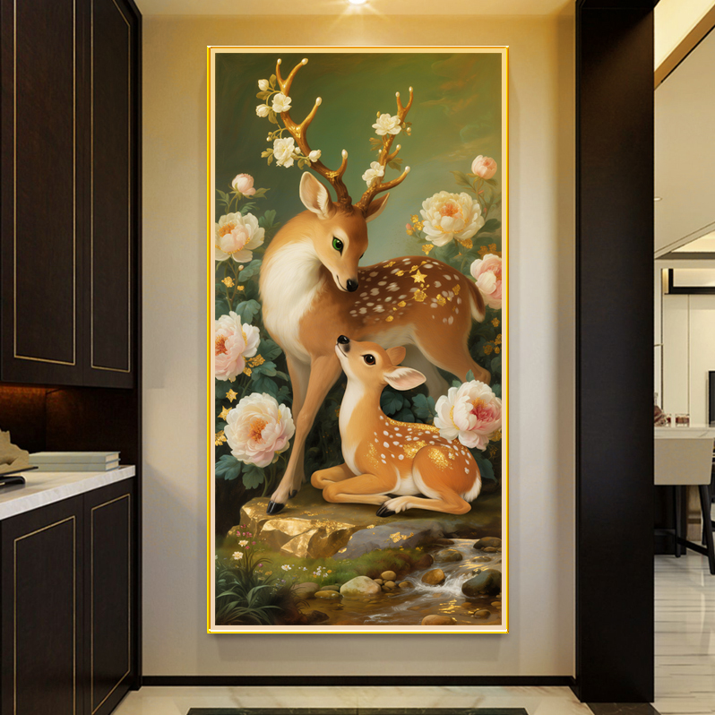 母子鹿福禄精美油画晶瓷画款中式欧式带框会所客厅别墅艺术玄关画图片