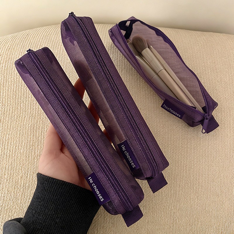简约网纱化妆刷子收纳袋学生便携透明拉链笔袋高级感口红包眉笔袋