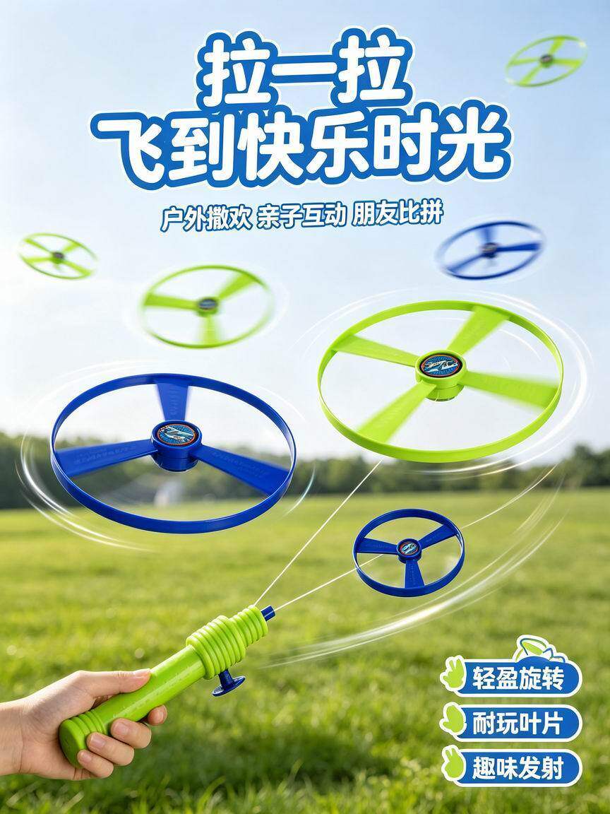 拉线飞碟拉绳飞盘户外广场发射旋转亲子互动玩具