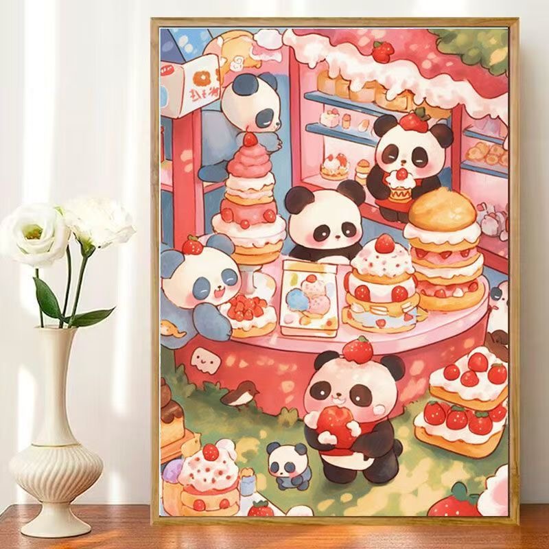 2025新款熊猫甜品店钻石画客厅卧室diy手工点钻贴钻石绣带框粘贴