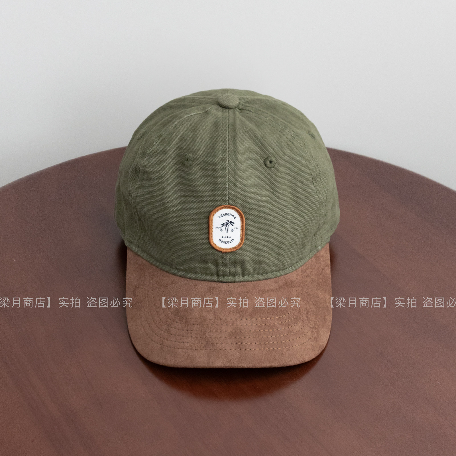 [梁月商店]军绿色拼接麂皮棒球帽男秋冬季日系复古工装鸭舌帽子女