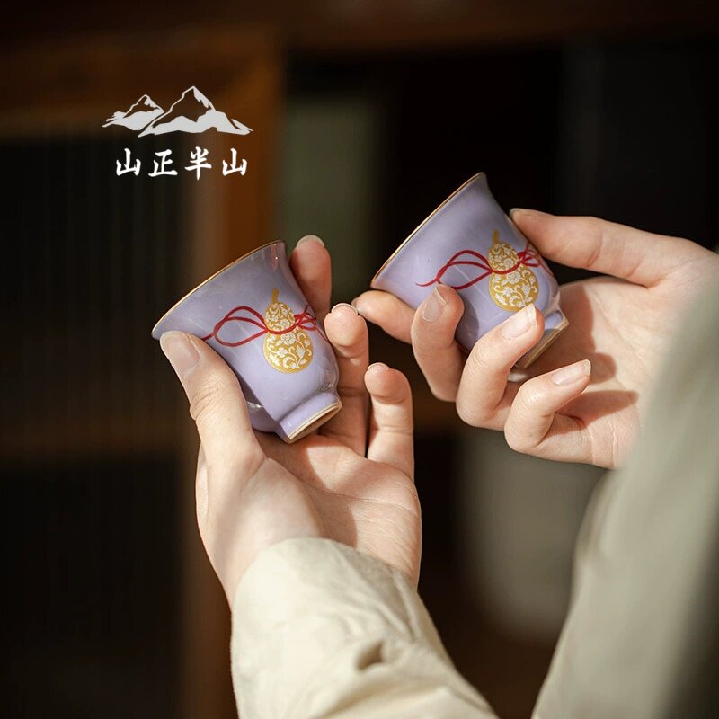 轻奢木槿紫撞色矾红茶杯传统色金银错葫芦品茗杯描金家用单杯