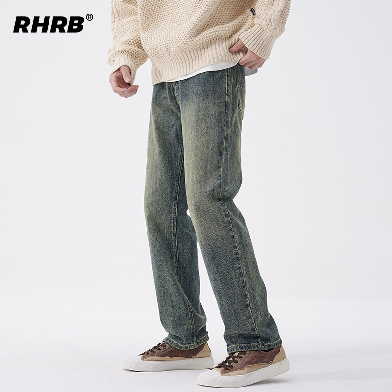 RHRB男士加绒加厚直筒牛仔裤男冬季新款美式复古宽松休闲阔腿裤子