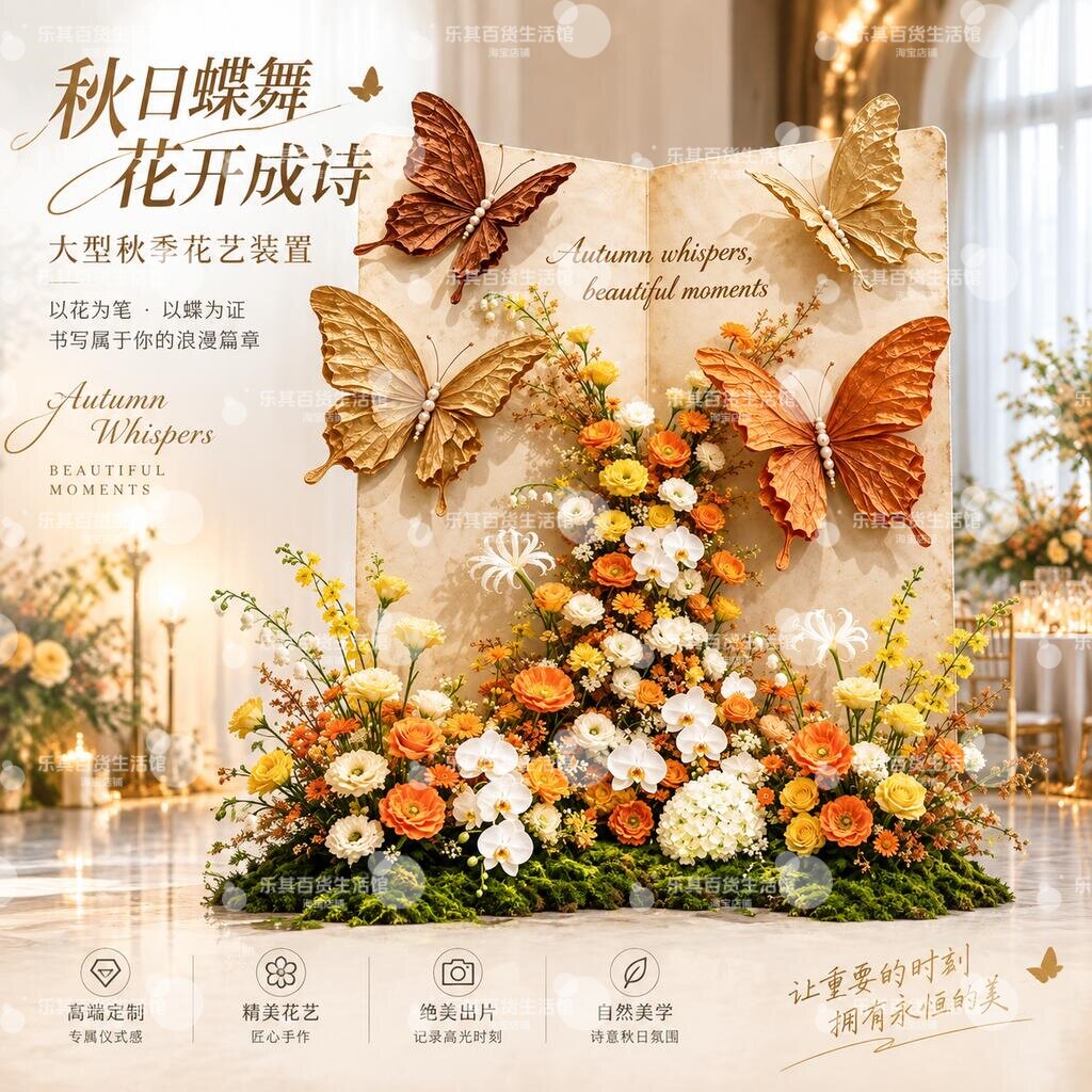 秋季蝴蝶花卉装饰大型婚礼花艺装置户外T台路引花仿真花