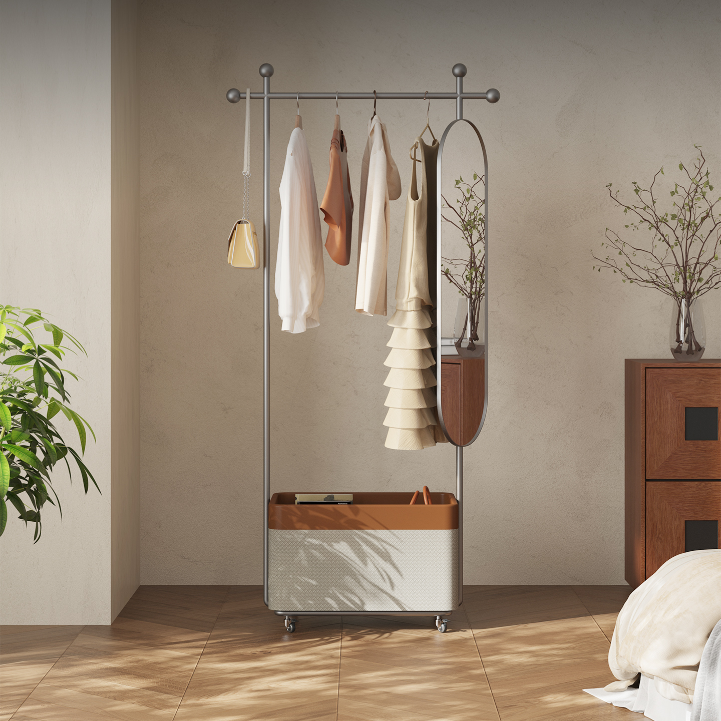 意式极简可移动挂衣架带镜子