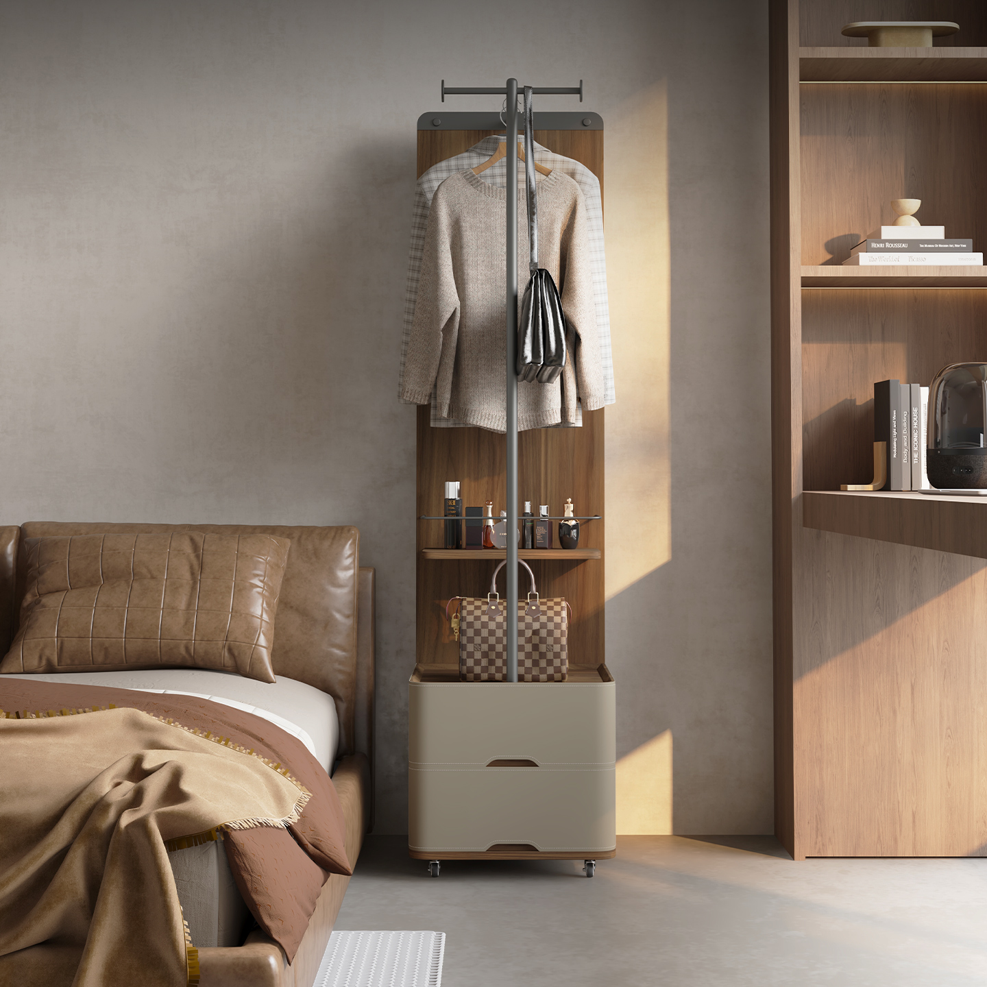 意式马鞍皮落地挂衣架床头柜一体