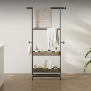 意式极简卫生间免打孔挂毛巾架落地浴室浴巾置物架带轮可移动架子