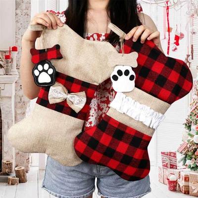 Pet Christmas Stocking, Burlap Plaid with Bone Pattern Decor