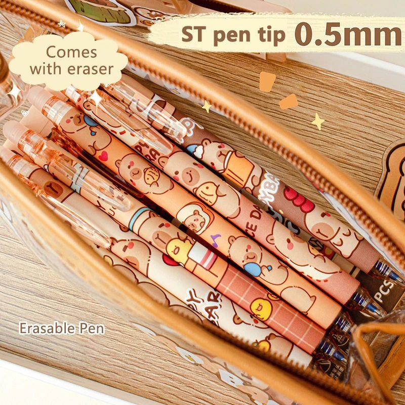 6Pcs Cute Capybara Erasable Pen Blue Ink Writing Smooth Quic