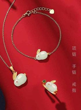 S925 pure silver rabbit Hetian jade open ring female zodiac