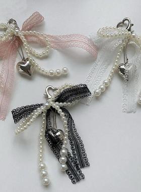 1Pcs Sweet Lace Bow Beaded Bow Keychain Phone Charm Strap Pe