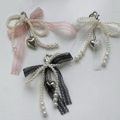 1Pcs Sweet Lace Bow Beaded Bow Keychain Phone Charm Strap Pe