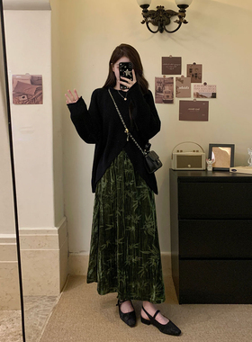 Meliss Lazy装竹意浓新中式不规则毛衣松紧腰暗纹提花灯芯绒套装