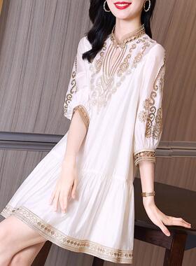 Meliss Lazy夏季茶歇法式复古大码胖显瘦镂空雪纺刺绣仙女连衣裙