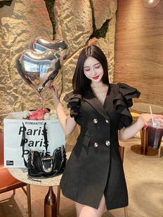 Lazy小众高定款 版 小香风飞袖 西装 连衣裙 荷叶边收腰款 Meliss