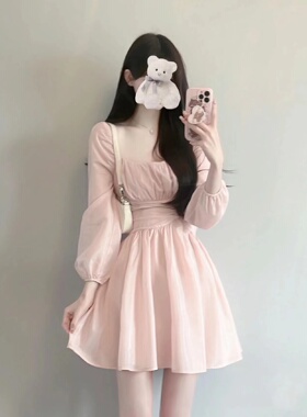 Meliss Lazy泡泡袖连衣裙女在逃公主设计感收腰气质法式茶歇裙子