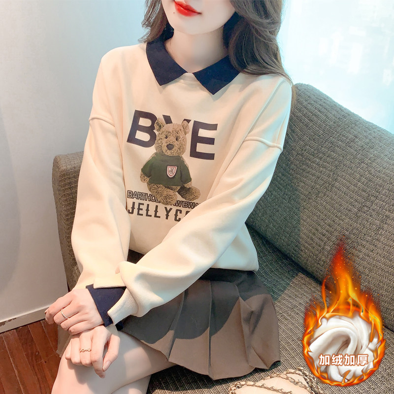 已出货加绒加厚休闲卫衣女士印花时尚洋气小个子外套百搭长袖上衣