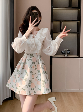 Meliss Lazy荷叶边高腰提花长袖连衣裙雪纺法式宫廷风蓬蓬公主裙