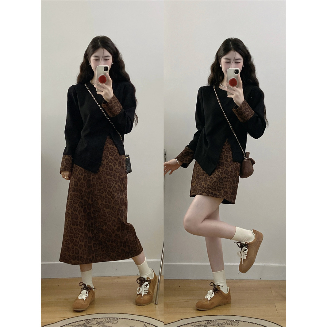 开叉黑色长袖卫衣打底豹纹长裙两件套装女秋季大码胖mm遮肉两件套