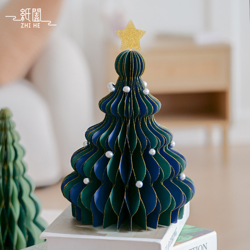 2025年圣诞节装饰商场橱窗店面布置蜂窝纸迷你圣诞树桌面摆件