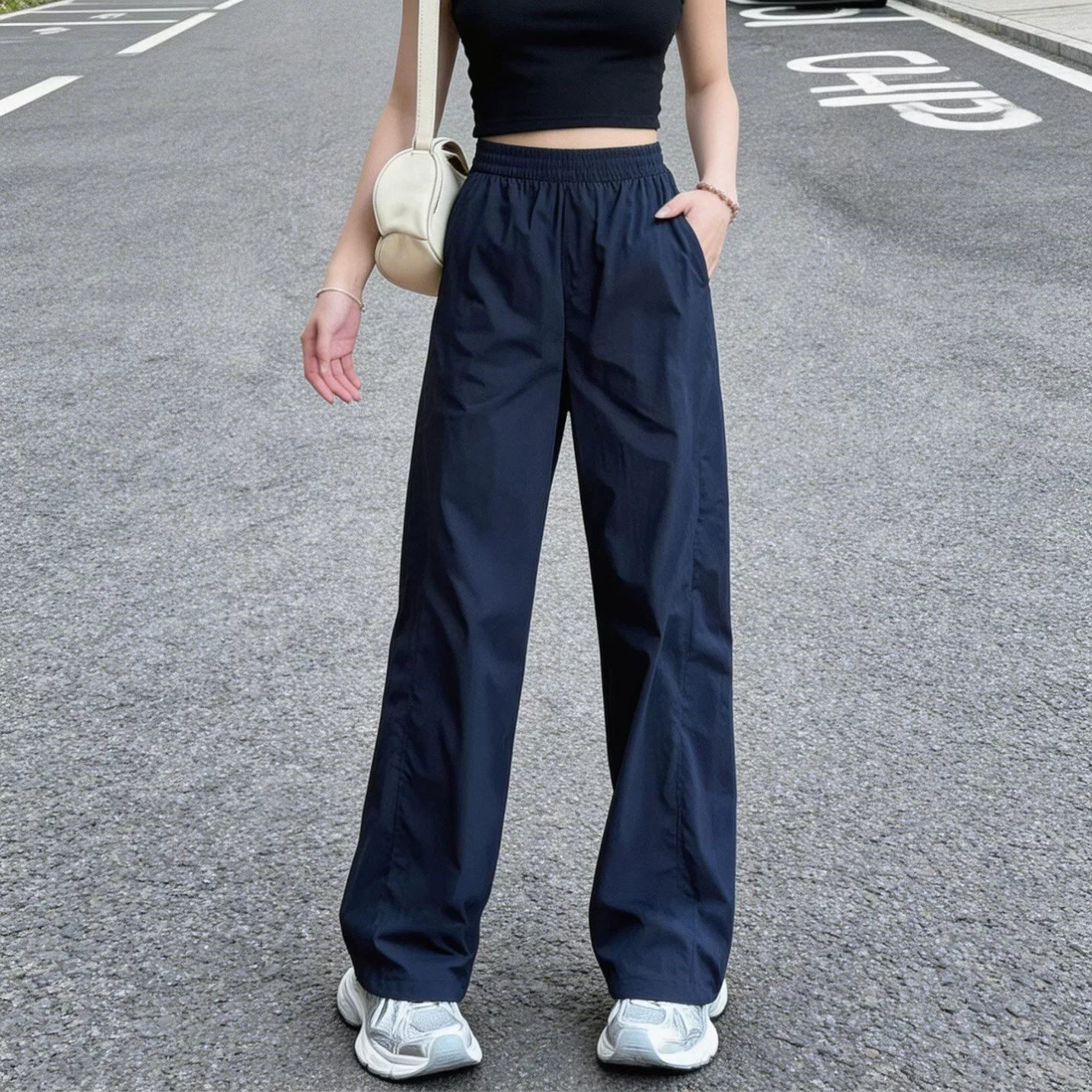 藏青色冰丝速干工装裤女夏季薄款爆款休闲直筒裤小个子阔腿运动裤