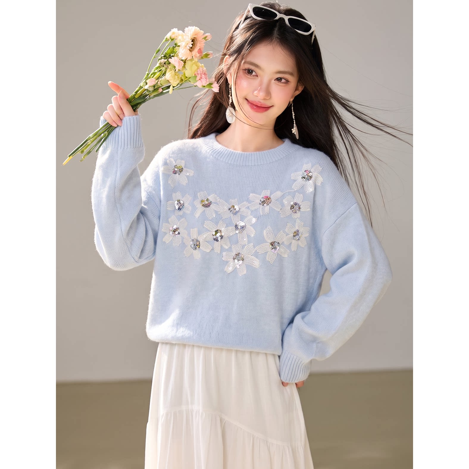 ◆有◆蓝色花朵毛衣女秋冬韩系慵懒针织衫上衣小个子