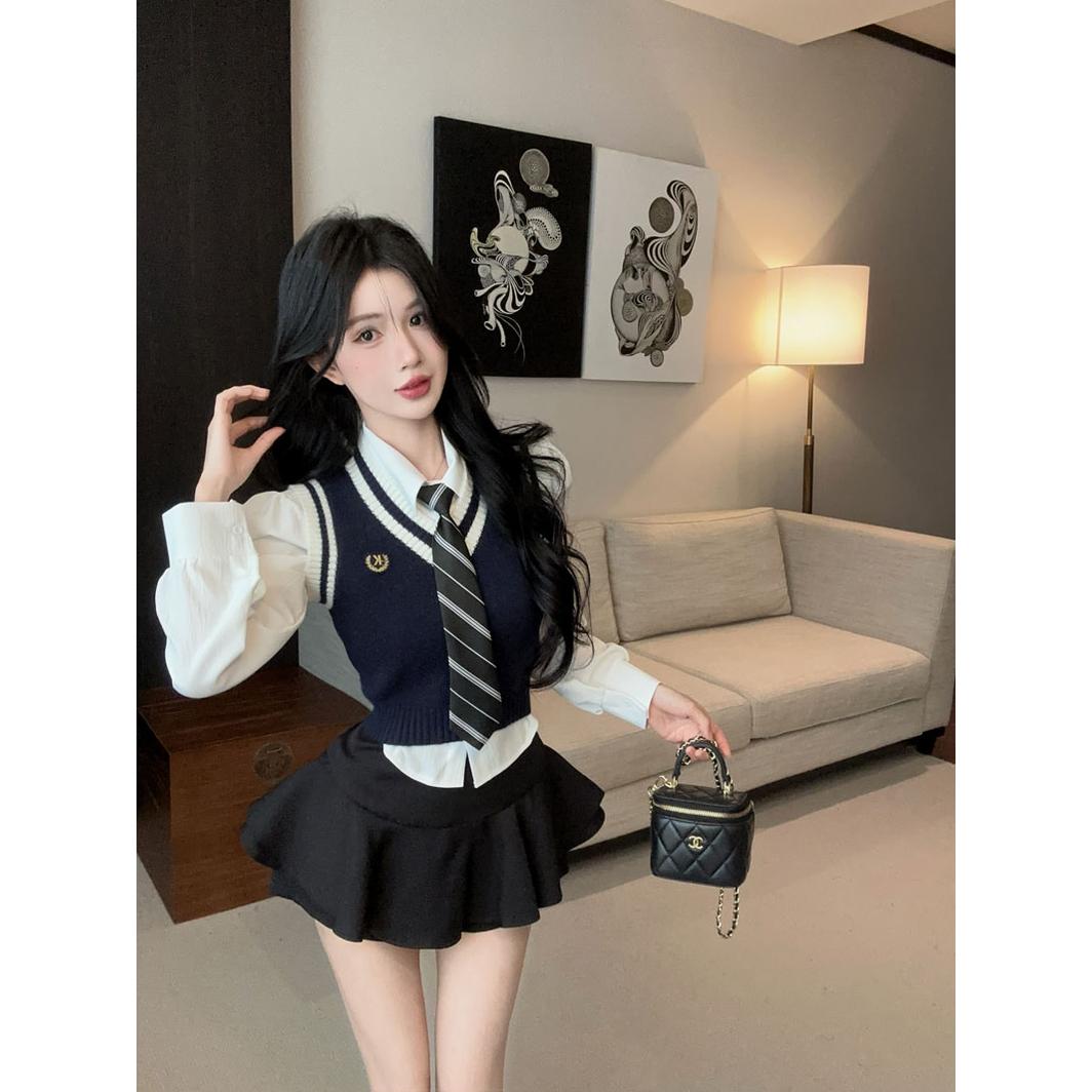美式学院风衬衫马甲短裙叠穿套装女jk制服针织三件套装