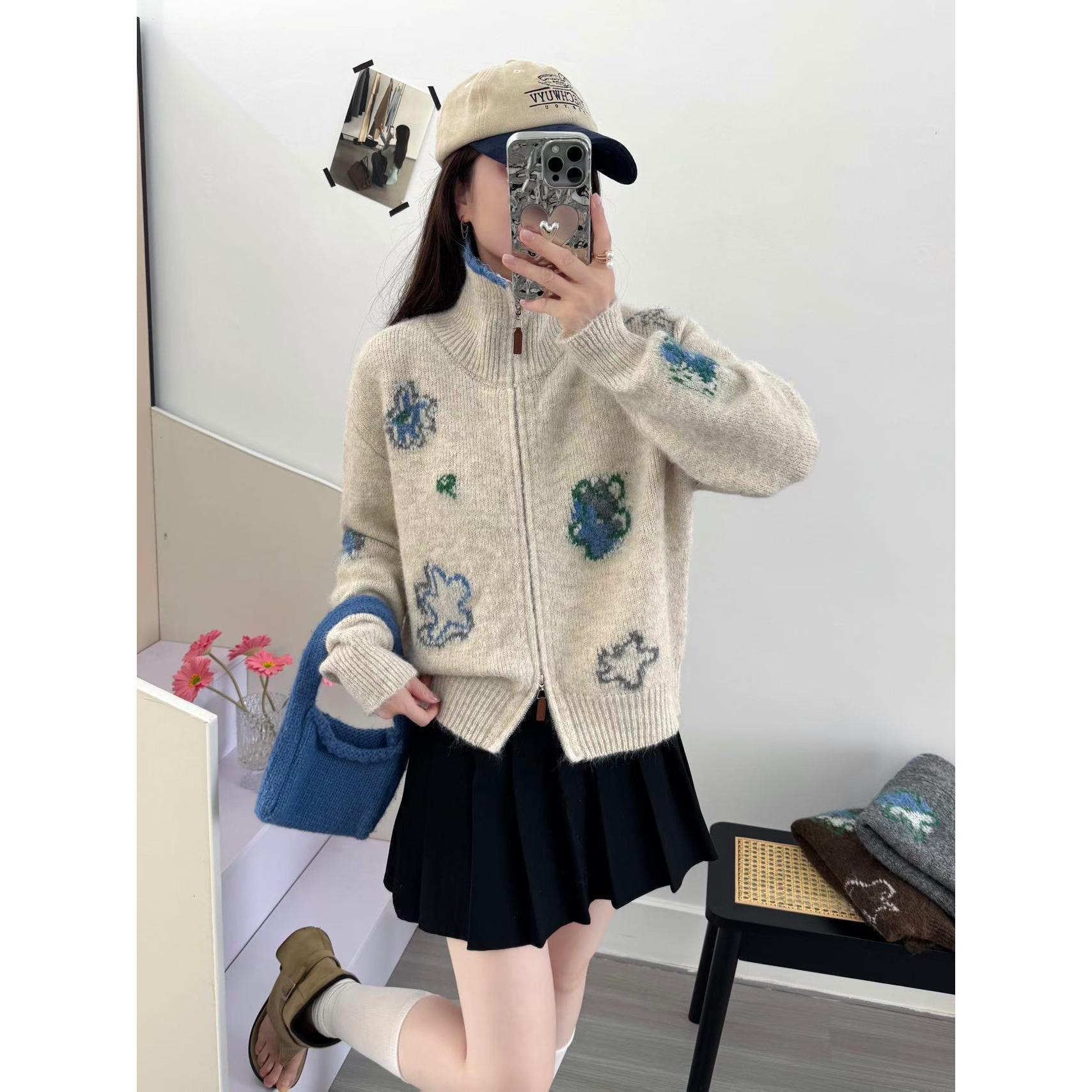 羊毛绒软糯高领提花毛衣外套女2026年秋季拉链保暖针织衫