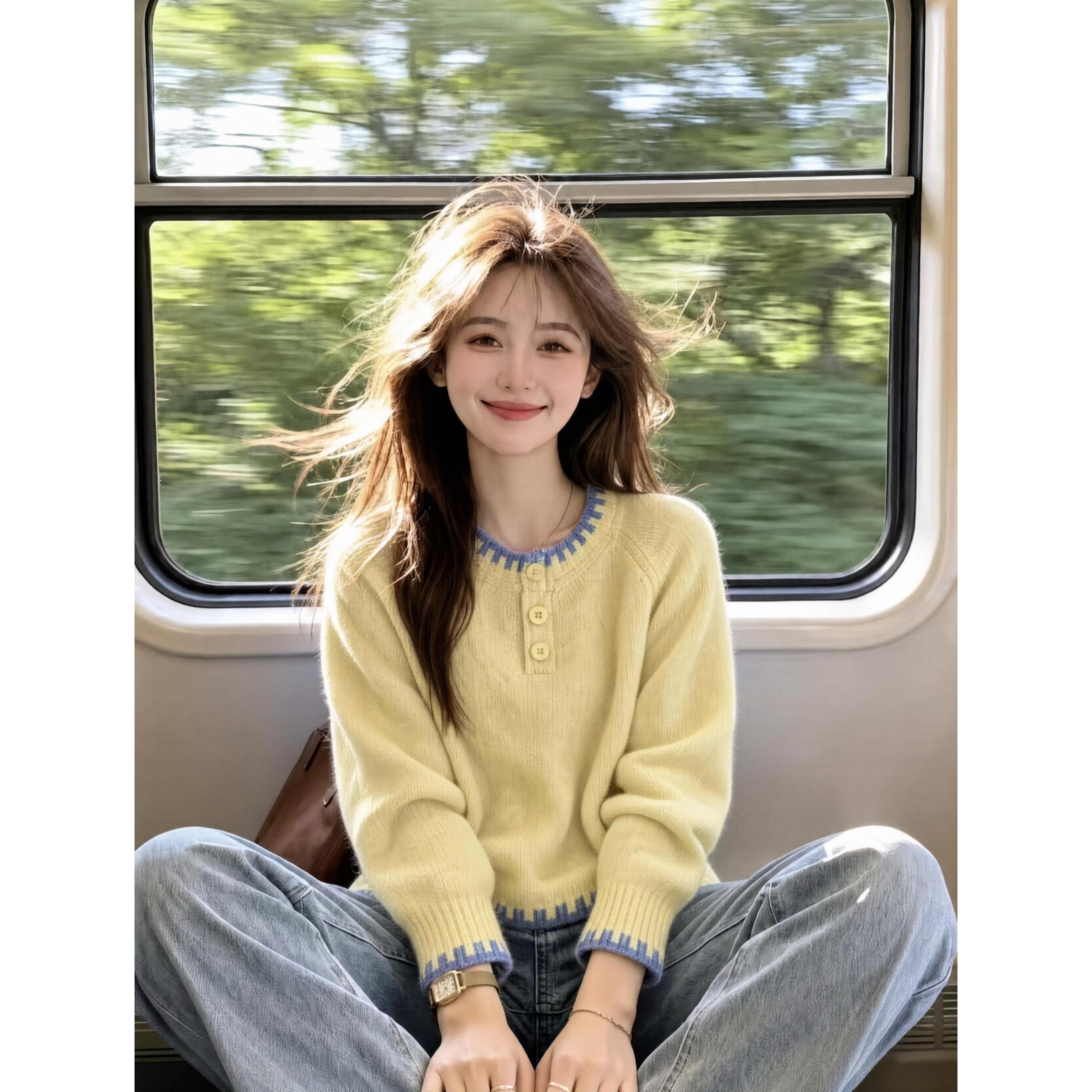 韩系温柔风撞色慵懒感毛衣女2026秋新款显瘦别致黄色针织衫上衣