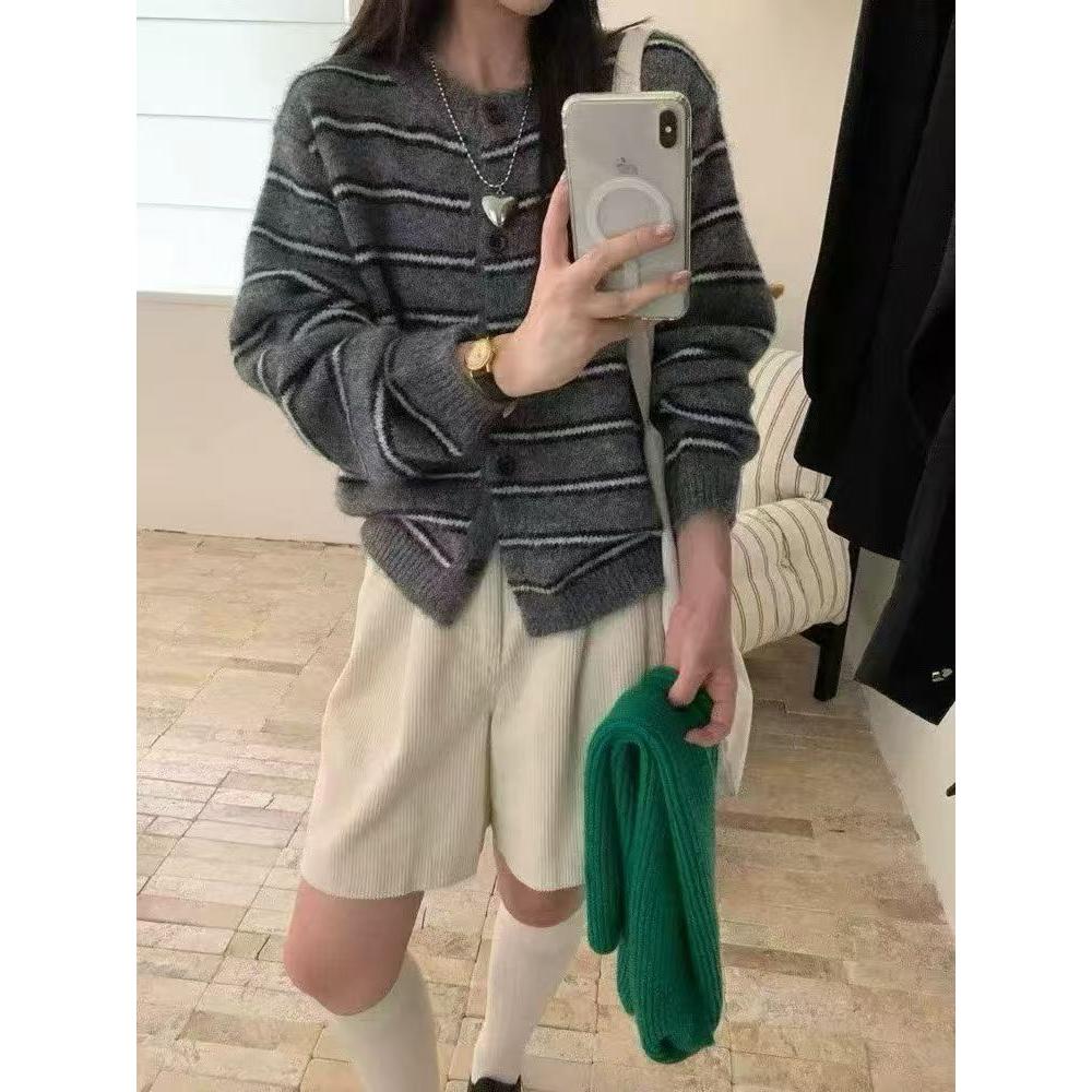 韩国秋冬新款复古慵懒stripe条纹纽扣宽松针织开衫显瘦毛衣外套女