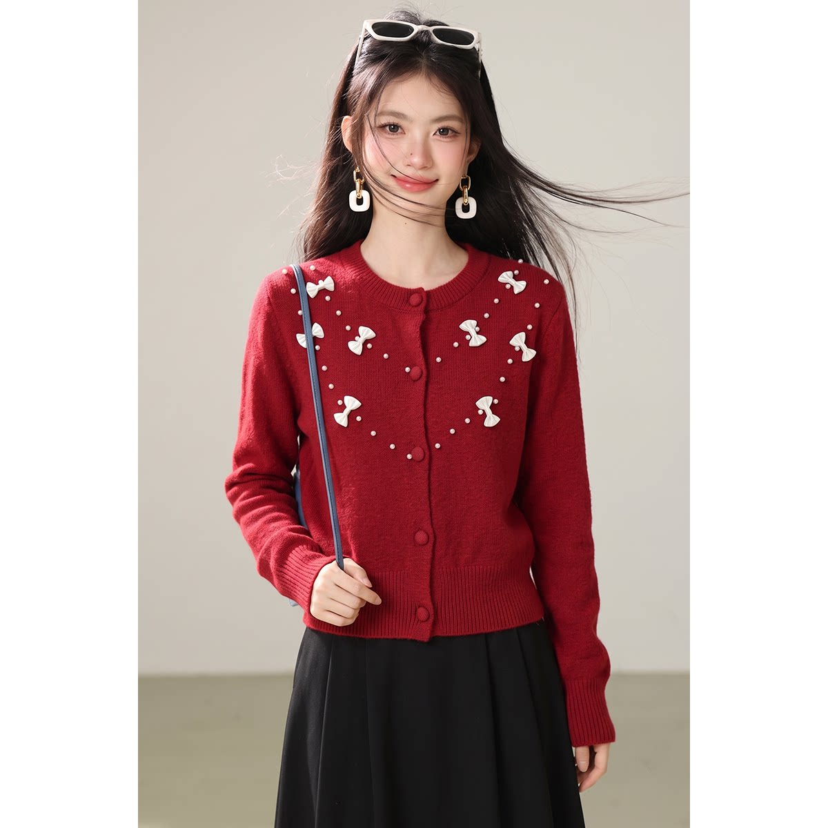 有2026蝴蝶结红色毛衣开衫女秋冬新款针织衫上衣