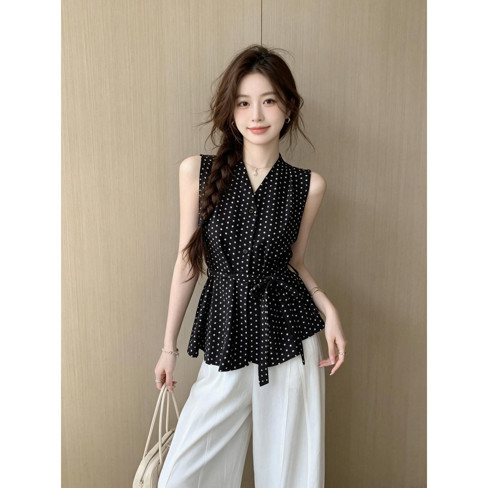 港风穿搭绑带收腰波点衬衫女款2026夏季新款时髦别致绝美小衫上衣
