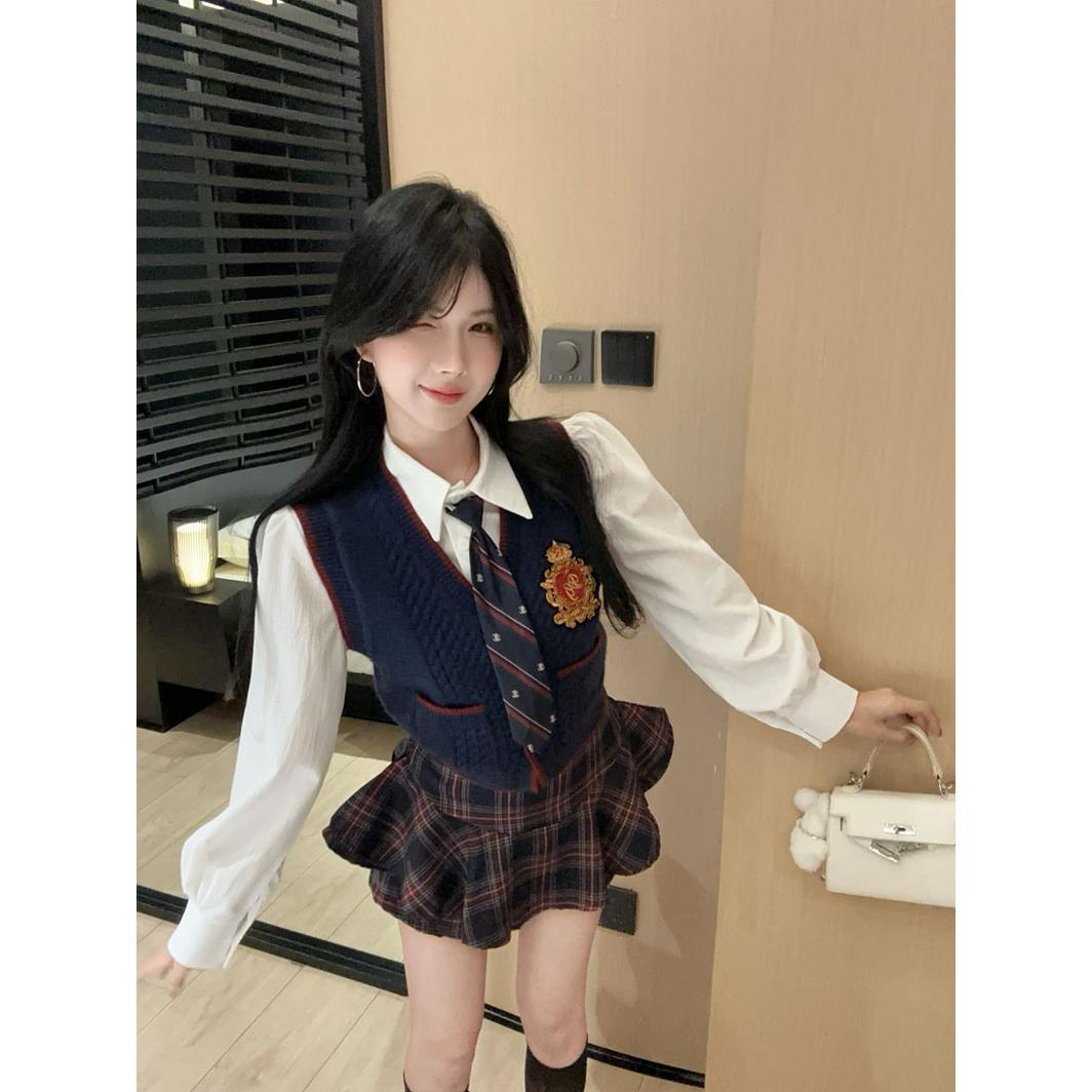 藏蓝美式学院风jk制服衬衫叠穿马甲背心蓬蓬短裙三件套