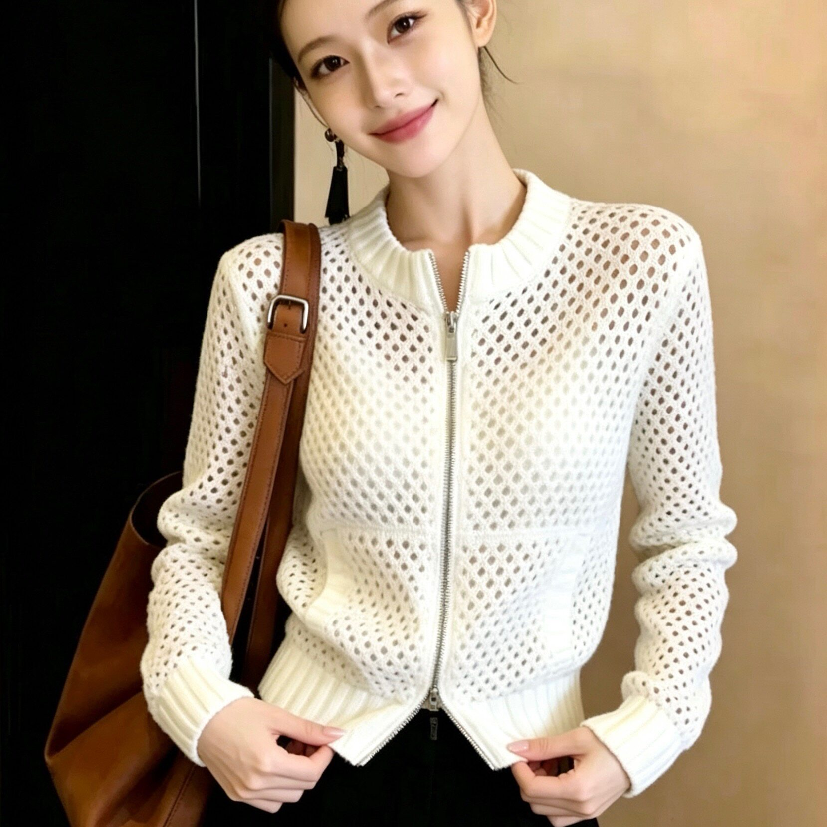 韩系针织开衫外套女早秋季2026新款慵懒风宽松外搭镂空罩衫上衣