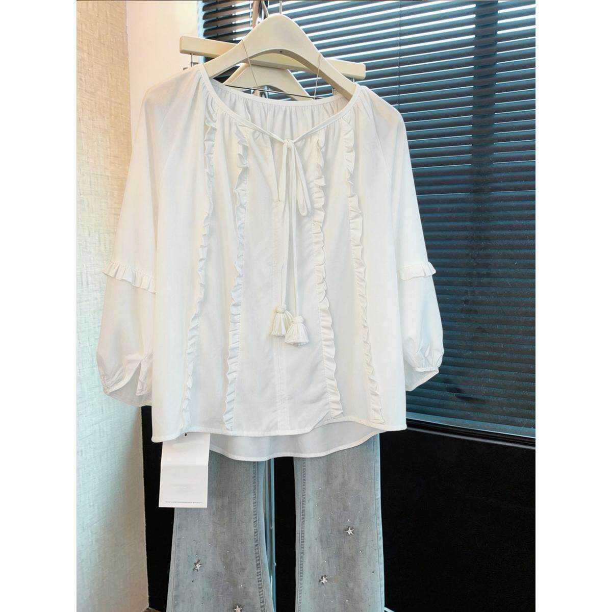 有货2006夏季新款韩版百搭宽松系带中袖衬衫女上衣落肩袖小衫