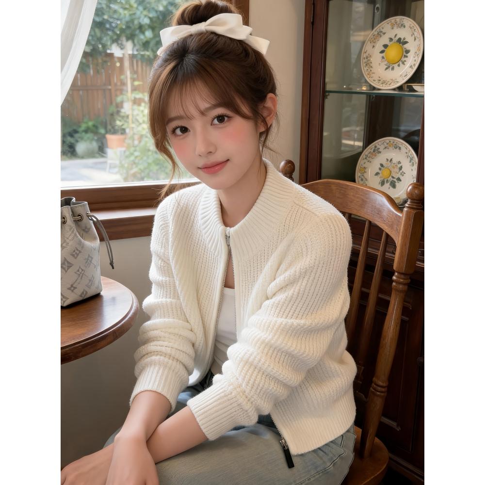 纹理感立领拉链针织开衫上衣女2026秋冬新款百搭修身显瘦毛衣外套
