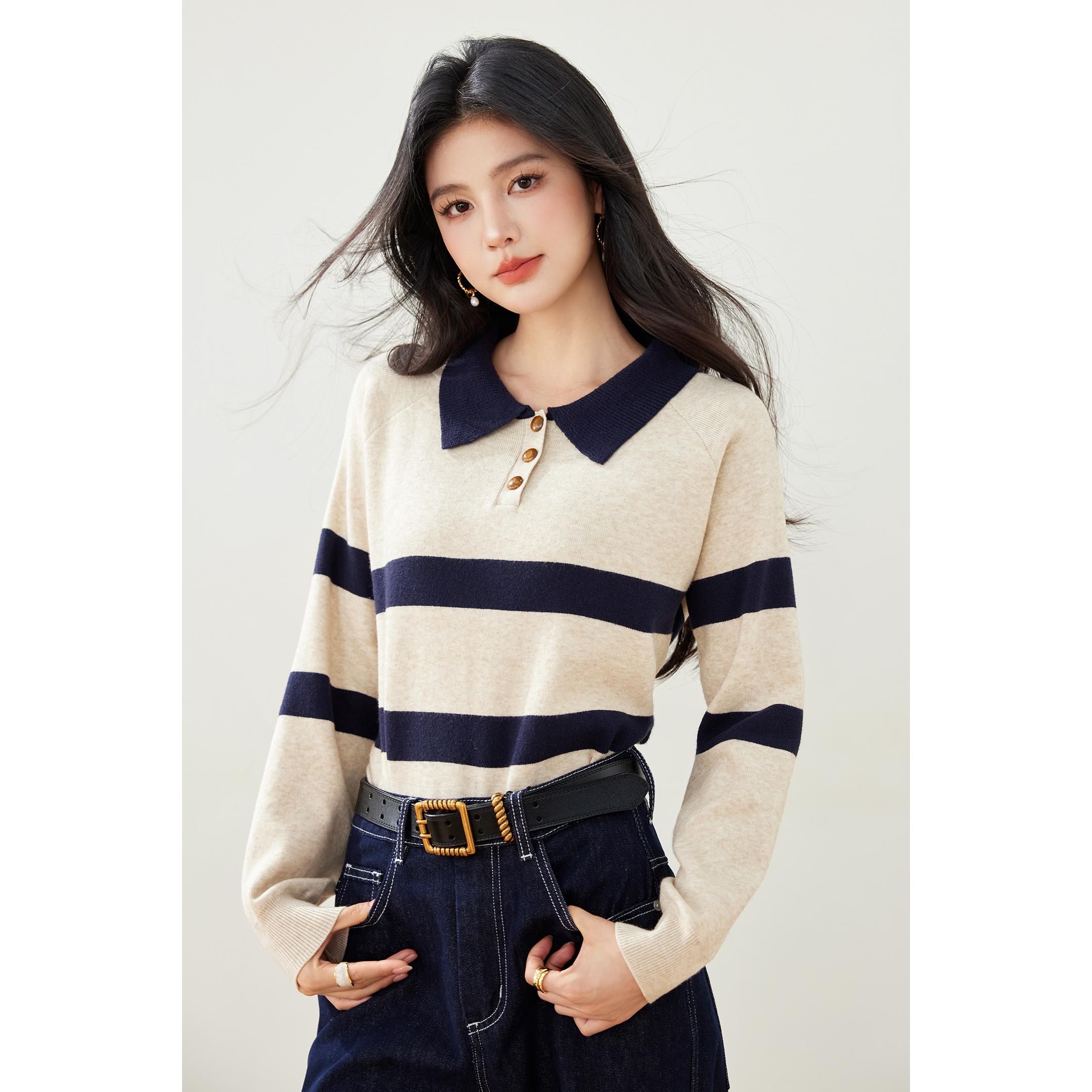 秋季新款条纹针织衫女Polo领长袖翻领撞色韩版套头短款女